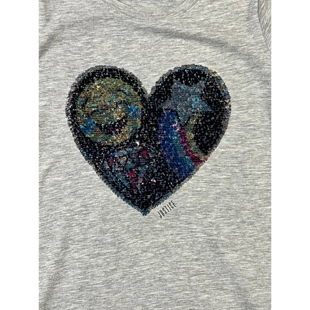 Justice T-Shirt Girls Size 10 Gray Flip Sequin Heart Emoji Star Short Sleeve Tee